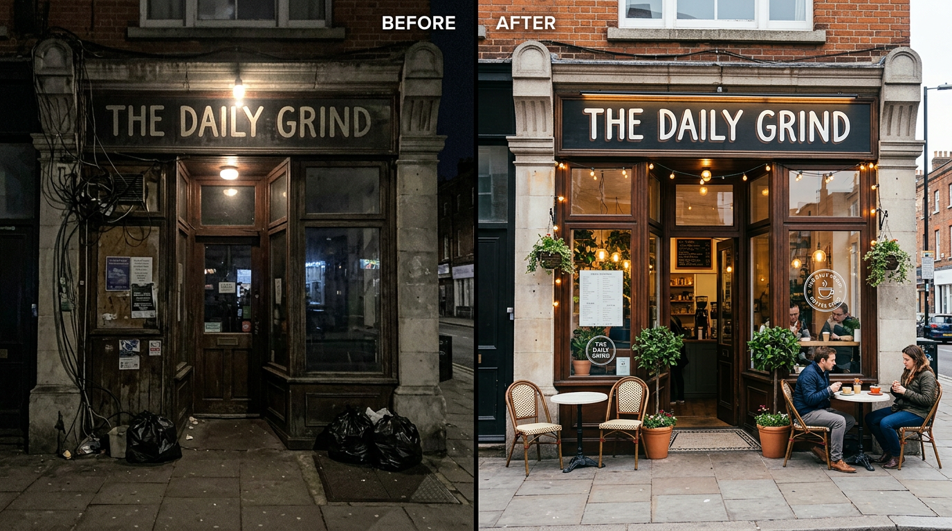 Before and after transformation of a business photo using Studio Zero AI automation